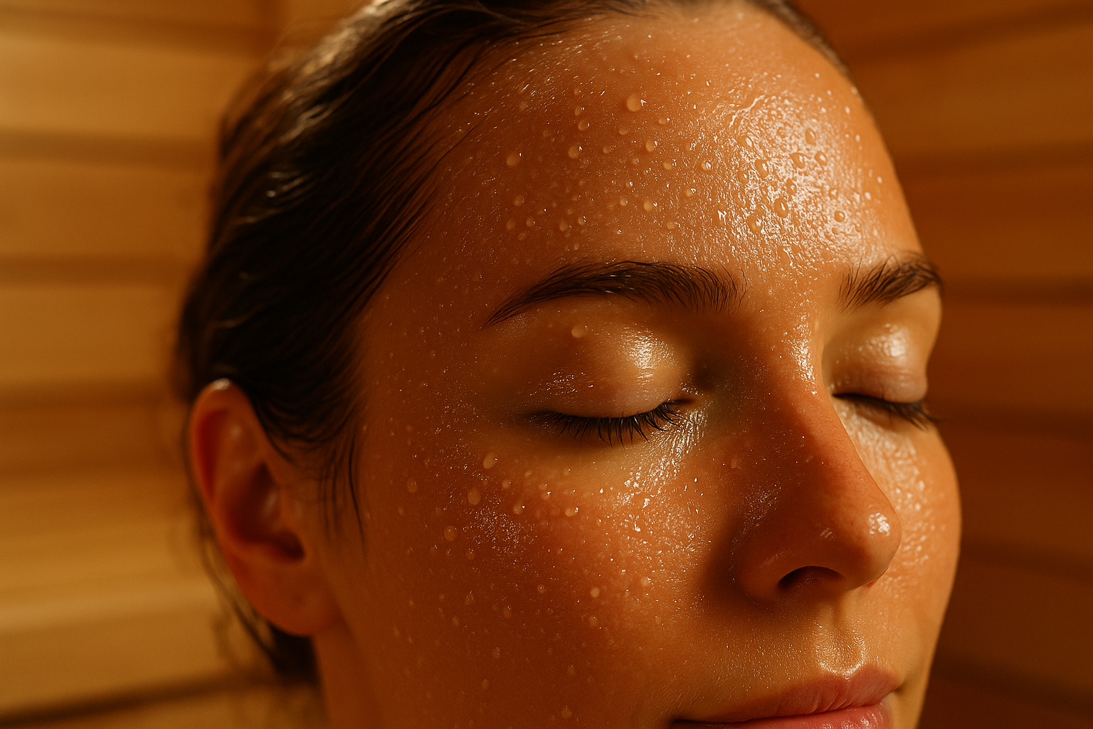 i need a closeup of a womans forehead sweating in the sauna