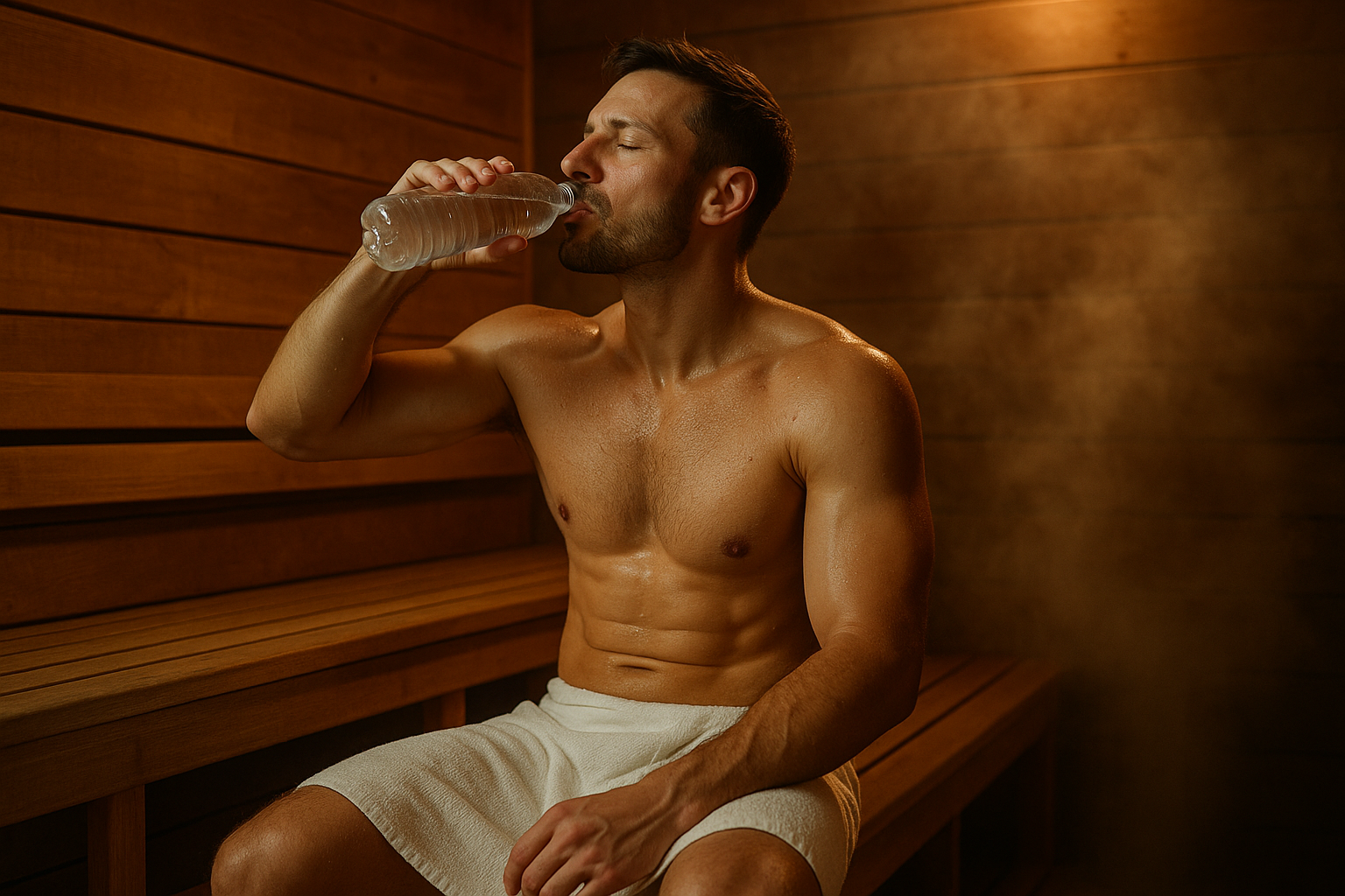 man drinking from a water bottle in the sauna